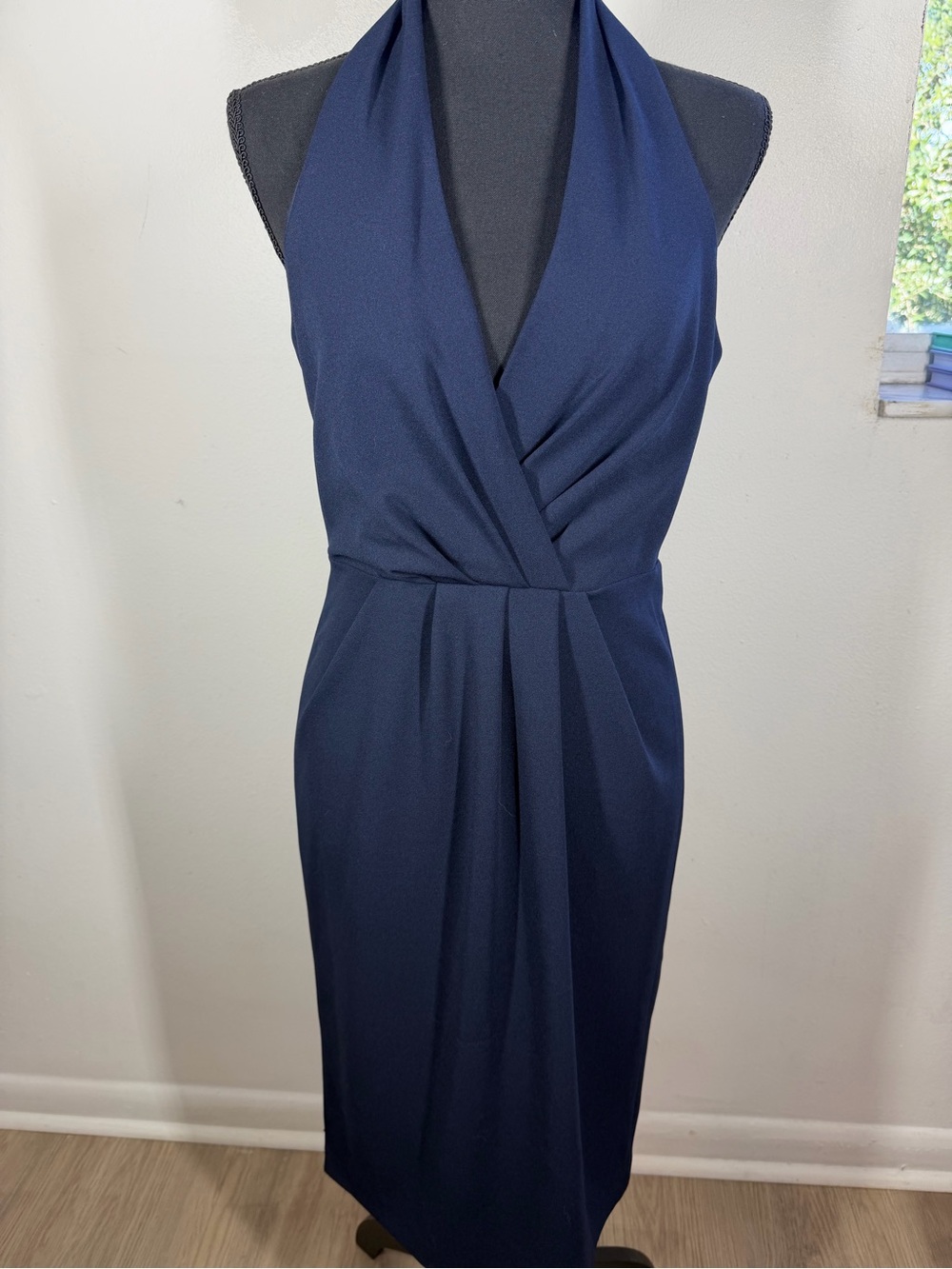 Betsey Johnson Navy One-Shoulder Wrap Midi Dress